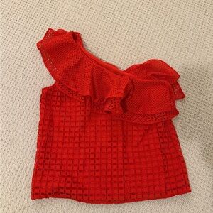 J. Crew Vibrant Red Eyelet One-Shoulder Blouse